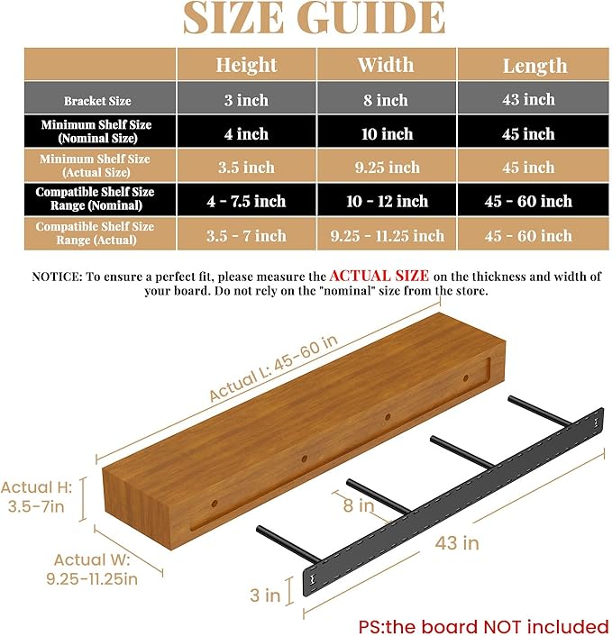 1 Pack Large Shelf Brackets Long Floating Shelf Bracket Invisible Floating Shelf Hardware Heavy Duty Floating Mantel Brackets(43"X8"X3" with Tools)