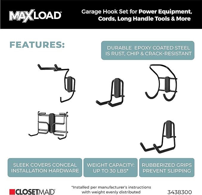 ClosetMaid MaxLoad 5-Pack Garage Hooks & Hangers Wall Mount Heavy Duty Storage for Cords, Power Equipment, Long Handle Tools, Cords, Hoses, Shovels, Black