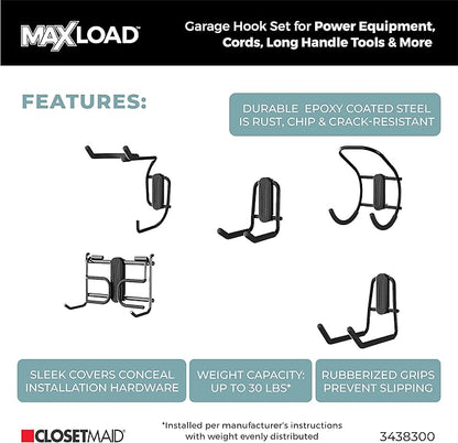 ClosetMaid MaxLoad 5-Pack Garage Hooks & Hangers Wall Mount Heavy Duty Storage for Cords, Power Equipment, Long Handle Tools, Cords, Hoses, Shovels, Black