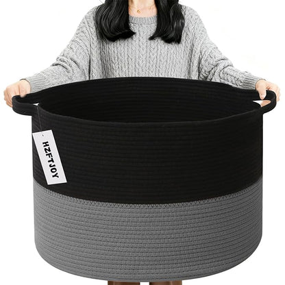 90L Large Blanket Basket,21.7"L x 21.7"W x 13.8"H Rope Woven Baskets with Handles, Toys Storage Bins,Laundry Basket Perfect for Living Room, Nursery,Bedroom,Home Organization,Black&Dark Grey