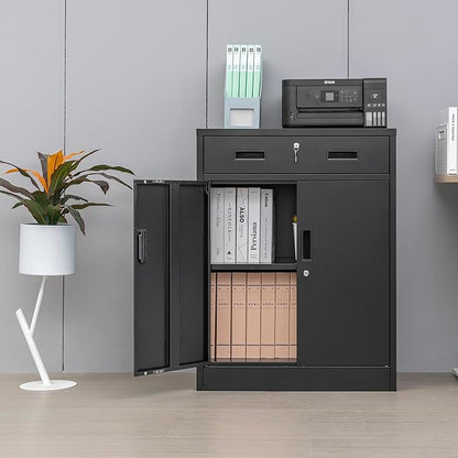 CMY Metal Storage Cabinet, Locking Storage Cabinet with One Drawer and Adjustable Shelf, 36.2" H x 28" W x 16" D Metal Cabinet for Office, Garage, Home-Black