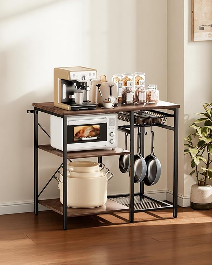 VEVOR Bakers Rack, 35.4 inch Width Microwave Stand,Kitchen Stand with X-Shaped Support Bar & 5 S-Shaped Hooks,Kitchen Storage Shelf for Dish Storage, Spice Jars, Coffee Bar Organization
