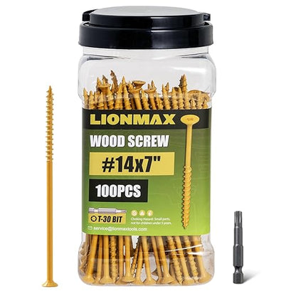 LIONMAX Deck Screws #14 x 7 Inch, 100 PCS, Long Wood Screw, Rust Resistant, Exterior Epoxy Coated for Outdoor Decking, Torx/Star Drive Head, T30 Star Bit Included