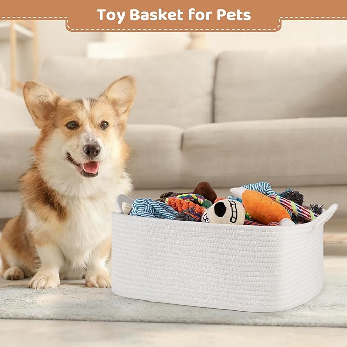Large Empty Gift Baskets for Baby Shower, 16.5" L x 12.6" W x 7" H Cute Woven Storage Basket with Gift Bags and Ribbons, Small Rope Toy Basket with Handles, Cat Dog Pet Toy Organizer - White