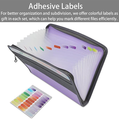 NAFY Accordian File Organizer, 13 Pockets Expanding File Folder with Zipper, A4 Letter Size Portable Accordion Expanding File Folders with Multicolor Labels for Office School Supplies (Black+Purple)