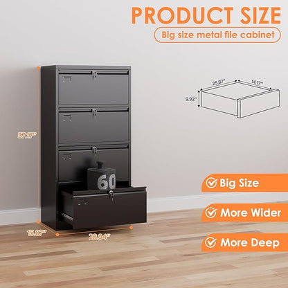 4 Drawer Lateral File Cabinet, Metal Lateral File Cabinets with Lock, Legal Size Steel Lateral Filing Cabinet for Office and Home