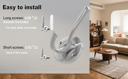 Brushed Nickel Wall Hooks Towel Hooks, 2 Pack Coat Robe Hook Heavy Duty Bathroom Double Hook Wall Mounted, Hand Towel Hooks for Closet Entryway Cubicle Kitchen