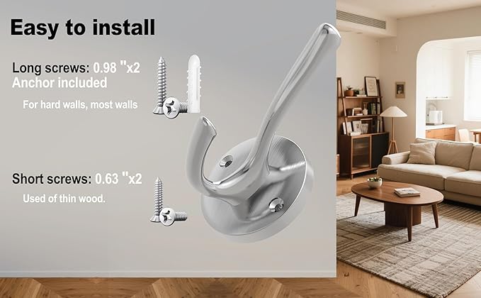 Brushed Nickel Robe Hooks Towel Hooks, 3 Pack Coat Hook Heavy Duty Mudroom Hook Double Bathrobe Hook Wall Mounted, Hat Hooks for Entryway Bathroom Kitchen Closet