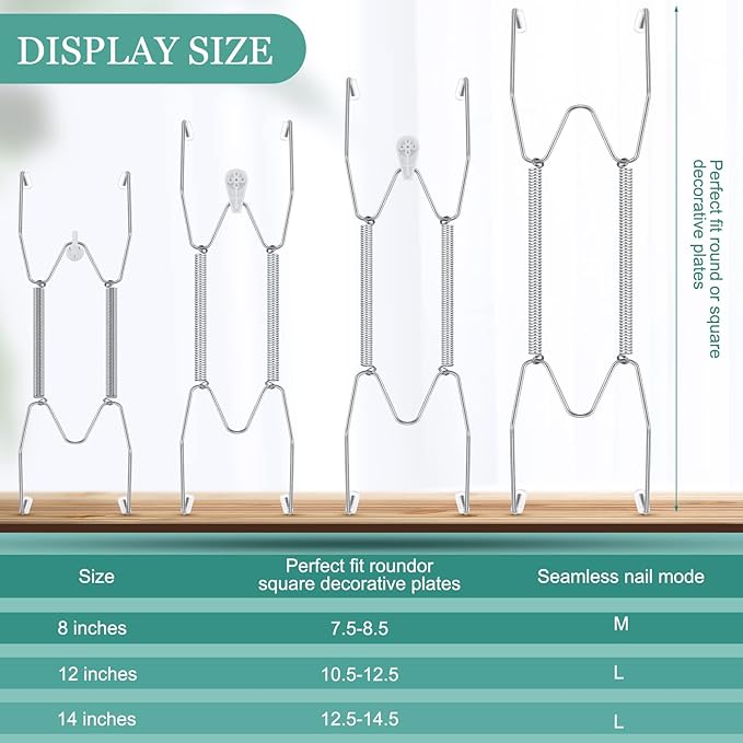 Hotop 12 Pieces Plate Hangers for Wall Stainless Steel Wire Invisible Heavy Duty Plate Hangers Display Holders with 12 Pieces Hooks for Wall Decorative(8/12/14 Inch,Silver)