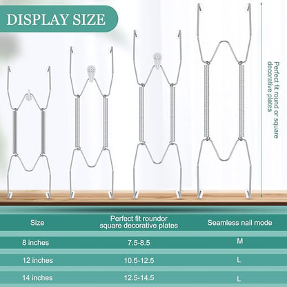 Hotop 12 Pieces Plate Hangers for Wall Stainless Steel Wire Invisible Heavy Duty Plate Hangers Display Holders with 12 Pieces Hooks for Wall Decorative(8/12/14 Inch,Silver)