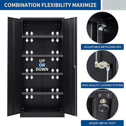 Metal Storage Cabinet-71” Tall Steel File Cabinets with Lockable Doors and Adjustable Shelves-Black Steel Storage Cabinet for Home, School, Office, Garage