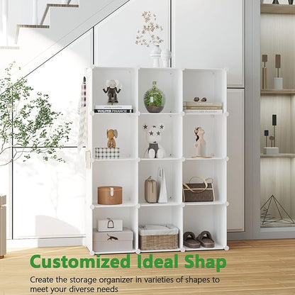 C&AHOME Cube Storage Organizer, 12-Cube Shelves Units, Closet Cabinet, DIY Plastic Modular Book Shelf, Ideal for Bedroom, Living Room, Office, 36.6" L x 12.4" W x 48.4" H Milky UPCS12M