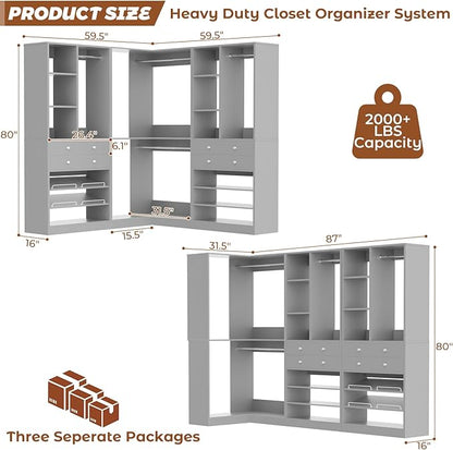 Closet System with 4 Drawers and Hanging Rods, 59.5"L / 87"L Closet Organizer System with Corner Tower, L Shaped Walk-in Closet System, Corner Closet System with Shelves, Set of 3, Morandi Grey