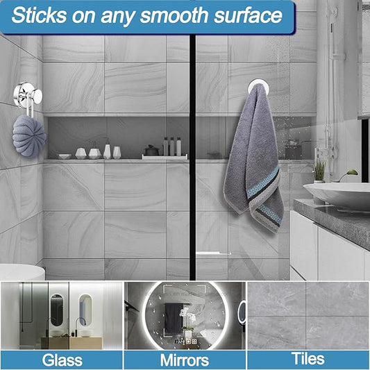 Shower Hooks for Inside Shower, Vacuum Suction Cup Hooks for Glass Window, Mirror, No Drill Towel Hooks for Bathrooms, Bath Robe Coat Looafh Wreath Hook for Hanging - 2 Pack, Chrome