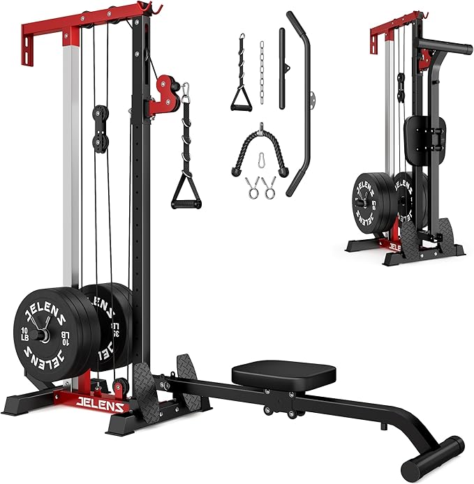 RC01 Foldable LAT Pulldown Machine with Adjustable seat, Wall Mount Cable Station with 16 Adjustable Positions, Cable Machine Home Gym 2 in 1, Functional Trainer with Rowing and LAT Pulldown