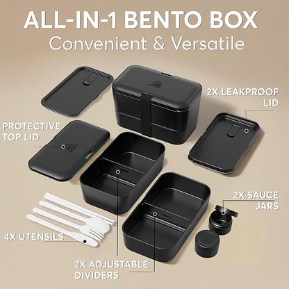 Umami Lunch Box Containers w/ 4 Utensils, 2 Sauce Jars, Nestable Space-Saving Bento Box Adult, 100% Leakproof, Microwavable Lunch Containers for Adults, Design Award Winner, Onyx Black, 50 oz