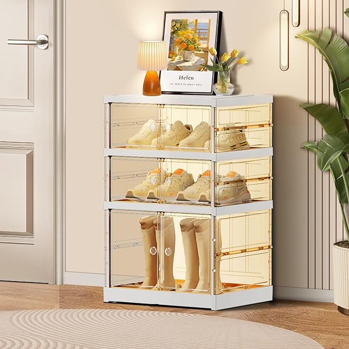 3-Tier Foldable Shoe Rack for Closet Entryway 3-6Pairs,Stackable Clear Shoe Storage Boxes Organizer with Door Plastic Small Shoe Cabinet Bins with Lids Narrow Shoe Shelf Easy Assembly