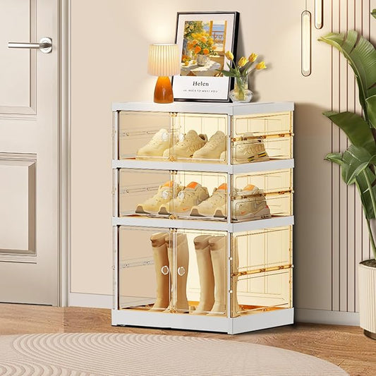 3-Tier Foldable Shoe Rack for Closet Entryway 3-6Pairs,Stackable Clear Shoe Storage Boxes Organizer with Door Plastic Small Shoe Cabinet Bins with Lids Narrow Shoe Shelf Easy Assembly