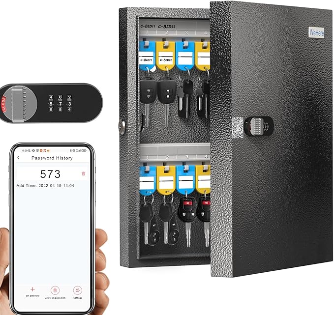 WeHere 32 Key Lock Box - Wall Mounted Key Cabinet with 3-Digit Combination Lock & Backup Key, Key Organizer Lockbox for Home, Office, Rental, Property Management, Includes Key Tags