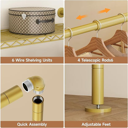 P3 Industrial Pipe Closet System, Wall Mounted Garment Racks with 4 Telescopic Rods & 6 Mesh Shelves, Heavy Duty Clothing Clothes Rack for Walk-in Closets (Gold)