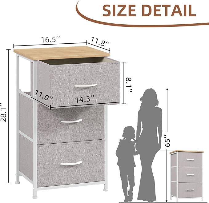 Somdot Dresser for Bedroom with 3 Drawers, Storage Organizer Chest of Drawers with Removable Fabric Bins for Closet Bedside Living Room Laundry Entryway Hallway, Ash Grey