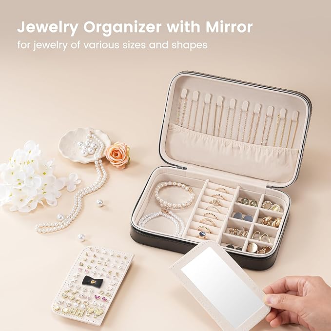 Lolalet Travel Jewelry Case for Women Girls, Travel Jewelry Organizer Box with Mirror & Clear Storage Bag, Small Portable Earring Necklace Bracelet Ring Case, Birthday Valentine Gifts -Medium, Black