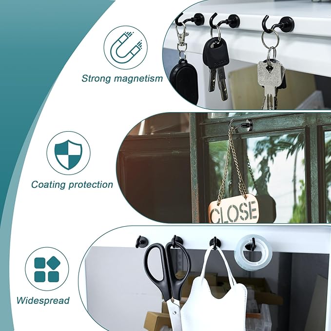 MAGXCENE 20 Pack Magnetic Hooks Heavy Duty, Strong Magnet Hooks for Cruise Refrigerator, Neodymium Magnets with Hooks for Grill Hanging Kitchen Tool Storage, Black
