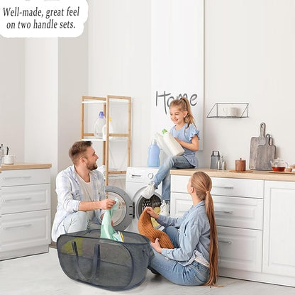 Upgraded 100L Collapsible Laundry Basket, Extra Large Mesh Pop Up Laundry Hamper, Dirty Clothes Hamper with long Handles, Pop-up Hampers for Laundry Travel. Dorm or Home Portable Laundry Basket. Black
