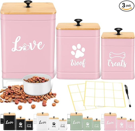 Metal Dog Treat Containers Set of 3 with Bamboo Lids and Spoon Airtight 7+3+2 lbs Dog Food Snack Jars with DIY Labels Big Pet Cookie Storage Jar for Kitchen Counter (Pink,Funny)