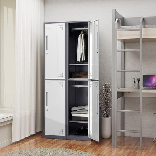 Metal Storage Cabinet, 71" Tall Storage Locker for Employees, Steel Cabinet with Lock and Keys for School, Gym, Home, Office Staff (2 Doors - Grey White)