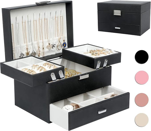 Dajasan Jewelry Organizer Box, Large Jewelry Boxes for Women Girls, Compact 3 Layers Jewelry Storage Case with Drawer, Movable Metal Stand, Modern, Gift Idea (Black)