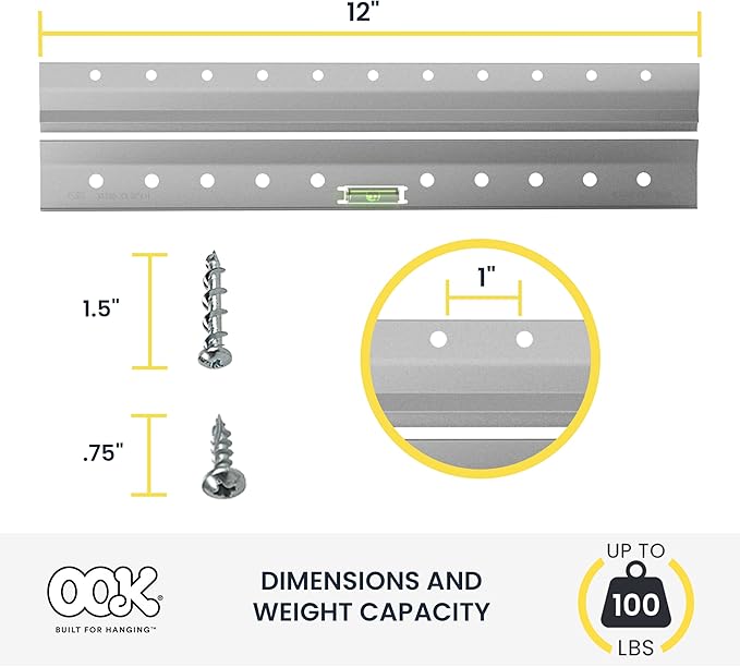 OOK French Cleat, Picture and Mirror Hanger with Hardware, 100lb, Aluminum, 533208