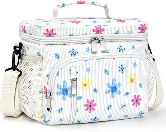 Insulated Lunch Bag for Men & Women, 9L Leakproof Lunch Box Soft Cooler Tote with 5 Pockets, 600D Oxford, EVA Lining, Adjustable Strap for Work, Picnic, Beach&Travel-Corduroy Colored Flowers