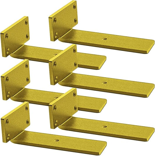 Floating Shelf Brackets Heavy Duty - 1/5 Inch Thick Industrial Gold Metal L Brackets, Premium Solid Steel Shelf Supports for Shelves - 6 Inch Heavy Floating Shelves Hardware (6Pcs)