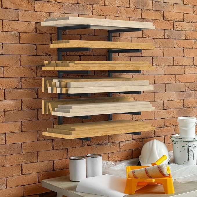 Tuenort 6-Level Lumber Rack, Wall Mount Wood Organizer and Lumber Storage Rack, Wall Storage Rack for Garage Indoor & Outdoor, Black