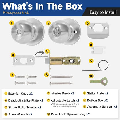 Privacy Door Knob Keyless Door Knobs Interior with Lock Bathroom Door Knob with Lock Satin Nickel Doorknob 2 Pack