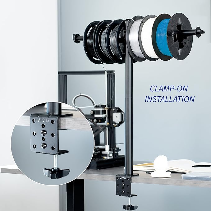 VIVO Clamp-on Steel Filament Holder for 3D Printer, Height Adjustable Spool Support, Holds up to 8 Standard Reels, Black, STAND-3DRH