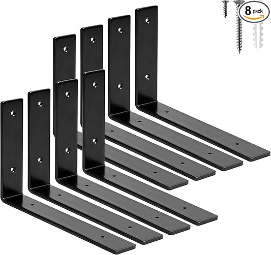 ELSKER&HOME Shelf Brackets 10 Inch, 8 Pack Floating Shelf L Brackets for Shelves Support, Black Metal Heavy Duty Shelf Brackets for DIY Decorative
