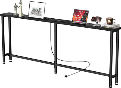GRLEAF 63" Narrow Console Sofa Table with Built-in Power Strip (2 AC Outlets & 2 USB Ports) – 4.9ft Power Cord, Metal Frame, Easy Assembly, Ideal for Behind Couch, Hallway, and Home Office | Black