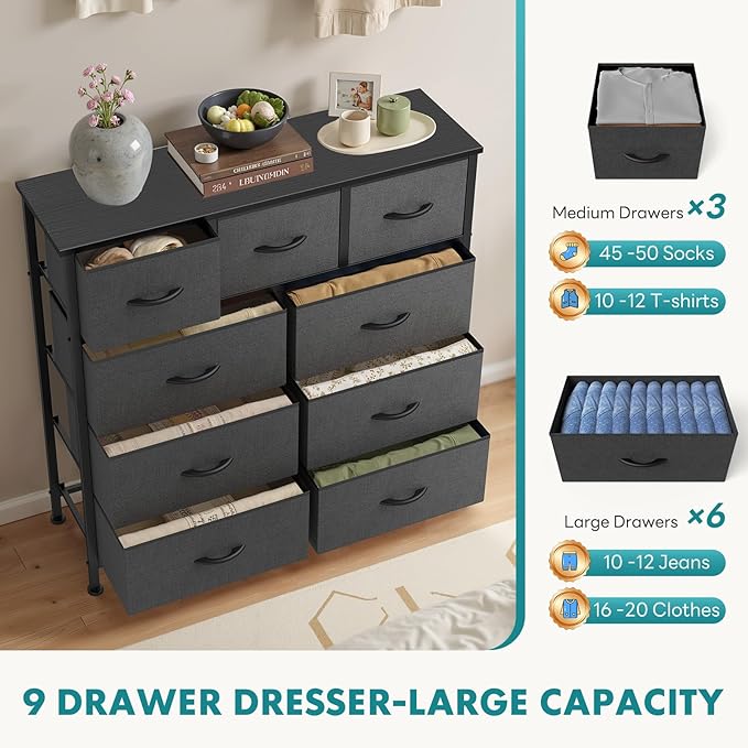 OLIXIS 9 Drawer Storage Dresser with Wood Top - Wide Fabric Chest Organizer for Bedroom, Closet, Living Room,Tower Cabinet, TV Stand, Hallway Entryway Furniture,Heather Gray