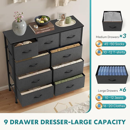 OLIXIS 9 Drawer Storage Dresser with Wood Top - Wide Fabric Chest Organizer for Bedroom, Closet, Living Room,Tower Cabinet, TV Stand, Hallway Entryway Furniture,Heather Gray