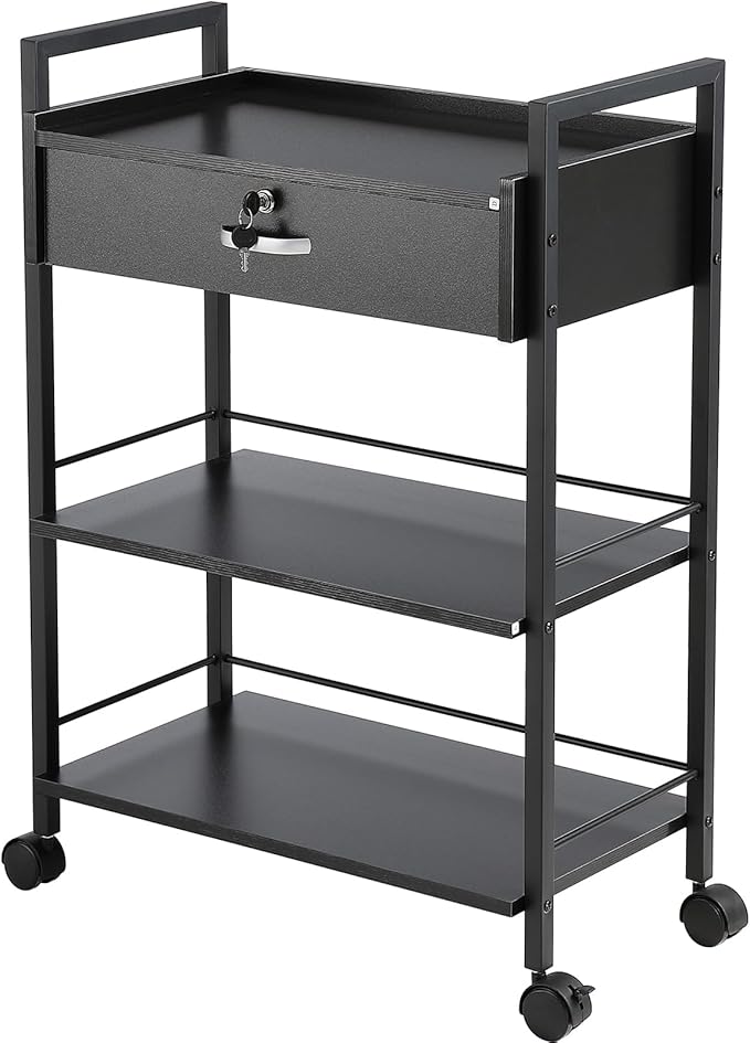 VEVOR Beauty Salon Trolley Cart, 3-Tier Hair Salon Stations Cabinet for Stylist with Lockable Drawer, MDF Rolling Storage Station with 4 Wheels (2 Lockable) for Beauty SPA Barbershop Tattoo