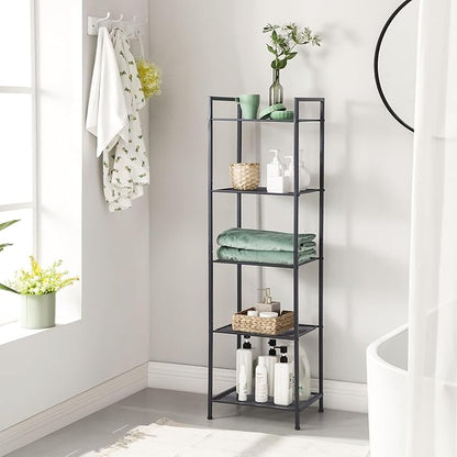 SONGMICS 5-Tier Storage Rack, Bathroom Shelf, Extendable Plant Stand with Adjustable Shelf, for Bathroom, Living Room, Balcony, Kitchen, Black UBSC35BK, 11.8 x 15 x 50.4 Inches