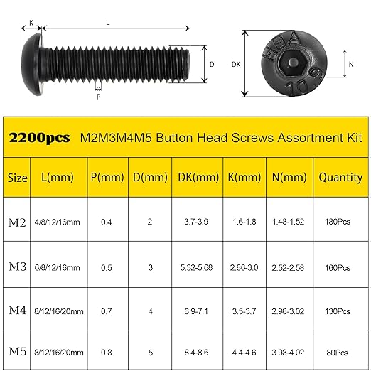 2200PCS M2 M3 M4 M5 Metric Screws Assortment Kit, Hex Socket Button Head Assorted kit, Machine Screw Set with Nuts & Washers,10.9 Alloy Steel Black Zinc Plated for 3D Printing