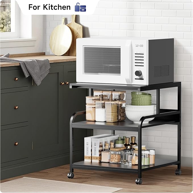 Printer Stand, 23.6''×23.6''×29'' Large Printer Table for Home Office with Locking Casters, Sturdy 3-Tier Rolling Cart with Adjustable Shelf, Mini Fridge Stand, Home Office Essentials, Black
