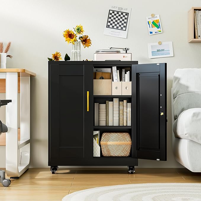 Metal Storage Cabinet with Wheels, 36" Tall Locking Storage Cabinet with 2 Adjustable Shelves, Locking Garage Cabinet, Steel Locker Organizer, for Office, Home, School, Black