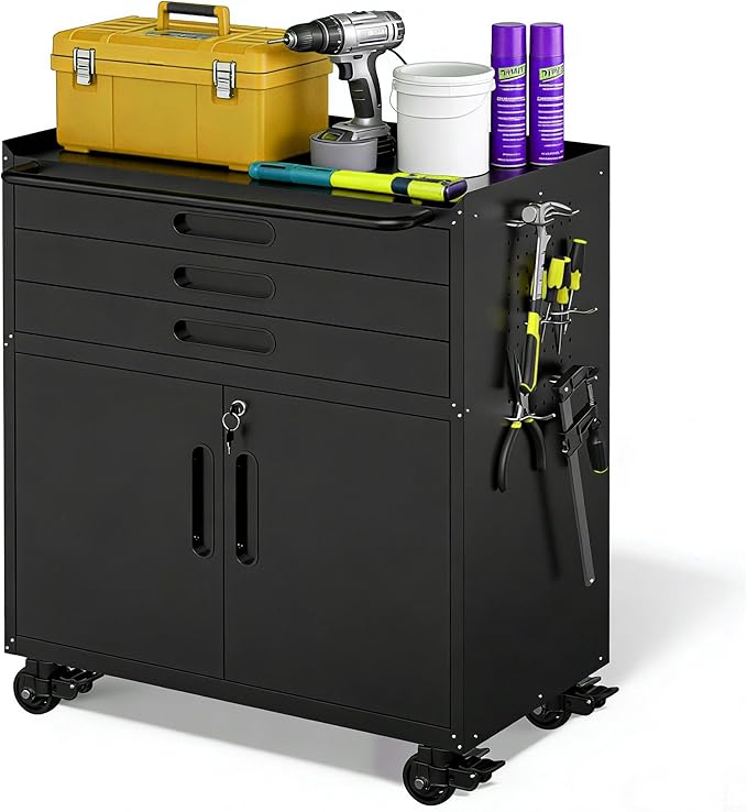 Metal Garage Storage Cabinet on Wheels, Lockable Rolling Tool Cabinet with Doors and 3 Drawers, Heavy Duty Mobile Steel Cabinet for Garage Warehouse Workshop