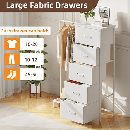 Somdot Dresser with Hanging Rack, 5 Drawers Small Closet for Bedroom, Reversible Dresser with Clothes Rack, Kids Dressers for Bedroom Chest of Drawers, Tall Storage Tower, White Leather