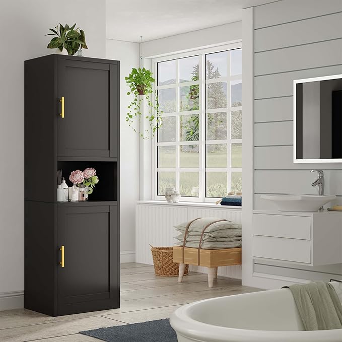 67" Tall Narrow Storage Cabinet Metal Bathroom Cabinet with 2 Doors & 4 Adjustable Shelves, Standing Pantry Cabinets Cupboard for Kitchen, Dining Room, Living Room and Bathroom (Black)