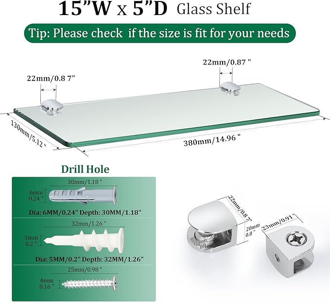 SAYAYO Floating Glass Shelves for Bathroom, 15 x 5 Inch Chrome Tempered Glass Shelf for Wall 1 Pack, Clear